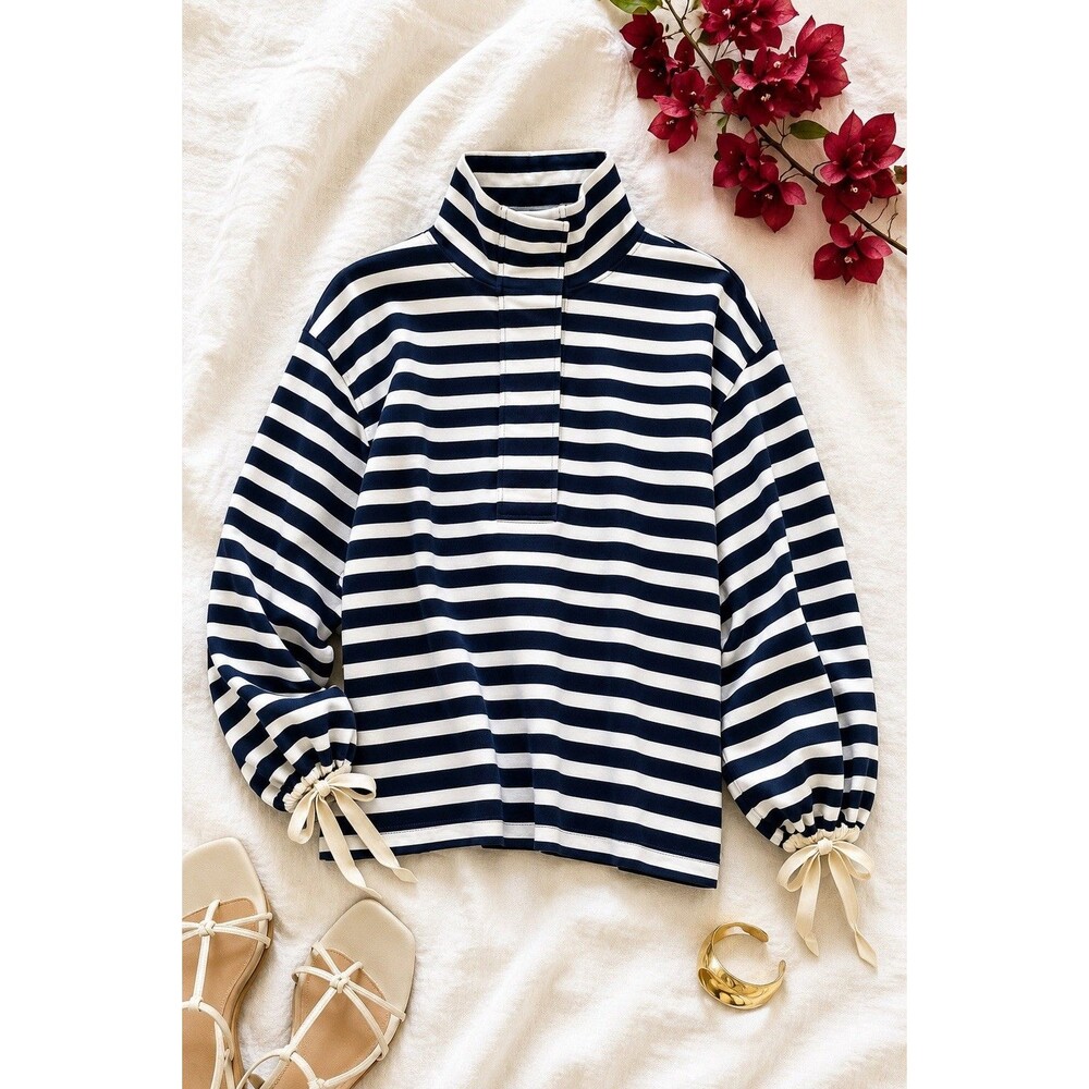 J.Crew Navy White Stripe Cotton Funnel Neck Pullover Large